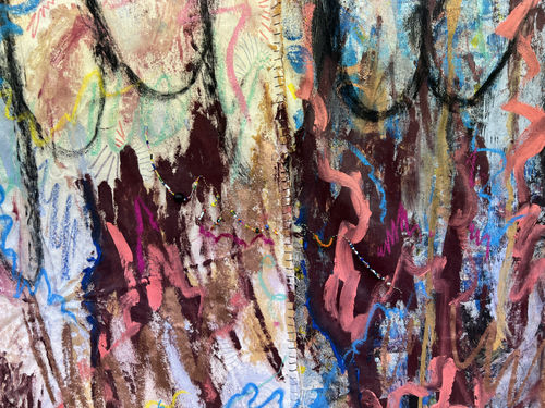 Lucia Maria (detail), 2023 Acrylic paint, oil paint, oil pastels, soft pastels, watercolor markers, markers, pen, graphite and hand embroidery on bleached canvas 154 x 175 cm