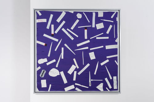 The Charlatan's Tear, 2025 Printed silk scarf, tulipwood frame, silver rustoleum finish, floated galvanised steel mount, Edition 1/10 (+ 2 artist proofs) 92.5 x 96 cm