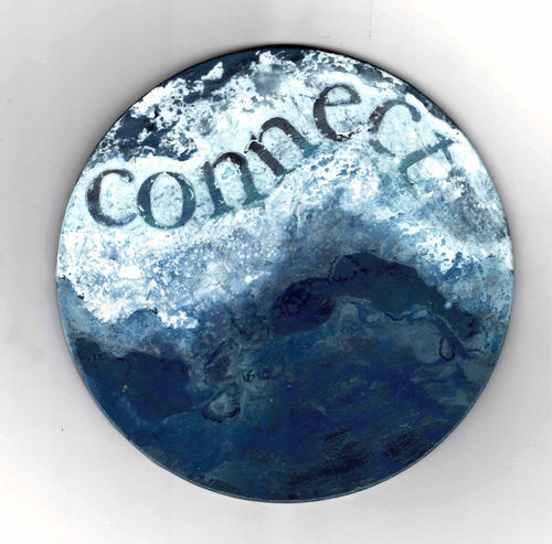 Circular abstract artwork titled "Connect" by Catherine Sargeant, featuring a blend of blue and white tones with textured layers and the word "connect" inscribed on the surface.