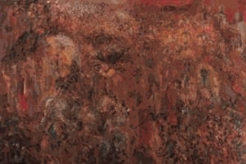 Amitesh Shrivastava. Translators 1. Acrylic on canvas. 72” x 108”. 2017. Photograph by Anil Rane. Image courtesy of the artist and Project 88, Mumbai.