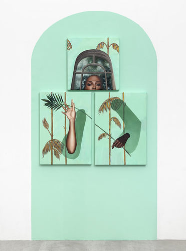 Shannon T. Lewis, 'Victorine' (2025), oil on linen and wall installation, 225 x 125 cm.