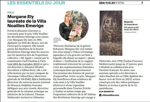 Le Quotidien de l'art, Morgane Ely, ' Morgane Ely lauréate de la Villa Noailles Emerige'