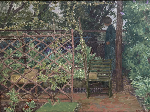 Lady in a London garden, 1931. by Geoffrey Hamilton Rhoades.