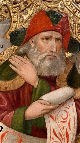 A detail from Wyvern Inv.no. 3091. Unknown Aragonese painter, predella with five prophets, c.1470-76, tempera with stucco reliefs, gilded gold leaf on wood h. 57 x w. 232 x d. 12 cm