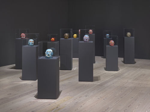 Installation view of David Wojnarowicz: History Keeps Me Awake at Night (Whitney Museum of American Art, New York, July 13-September 30, 2018). From left to right, front to back: Untitled, 1984; Untitled, 1984; Untitled (Map Head), 1984; Untitled, 1984;