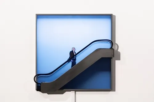 Escalate (detail), 2026, LCD Monitor, aluminum, rubber, acrylic, 12.5 min loop