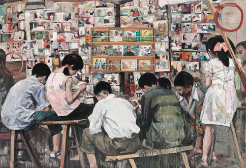 Hung Liu, Street Library, 2013. Oil on canvas, wood shelf, and Chinese picture story books. 60 x 88 inches. Photo credit: John Janca.
