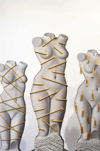 hreads of Fate (Australian Venus, after Rayner Hoff), 2025, oil and gold leaf on ebonised marine birch plywood, gold nylon rope and tassels, brass nails, stained Blackwood stands made by Benjamin Grieve-Johnson of Other Furniture, dimensions variable. Images be Cassie Sullivan.