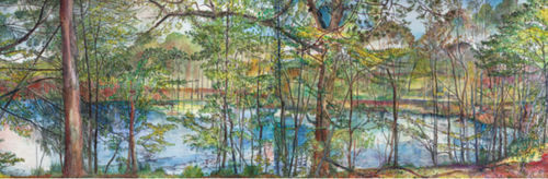 NANCY FRIESE, Lake Light 2015, watercolor diptych mounted on wood, 40 x 119 inches