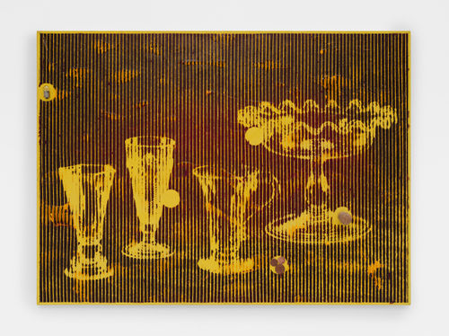 Francisco Valdés, English Glass (yellow I), 2026, oil, acrylic, lightbulb, copper coins, and cork on canvas.