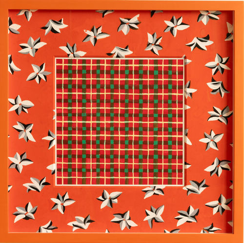 Michelle Forsyth, Red and White Florals, on Red and Green Plaid, 2017-2023 Gouache on Paper with custom frame 18 x 18 in.