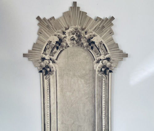 ni "Moss" fawn, Shrine For the Place Where Heaven Meets Earth, Maple wood (Indigenous wood of the northeastern parts of Turtle Island), and blessed with rose quartz, amethyst, rose water (Depicts peonies, roses, snapdragon, carnations, scallop shell, pearls), 19.5 x 38 in