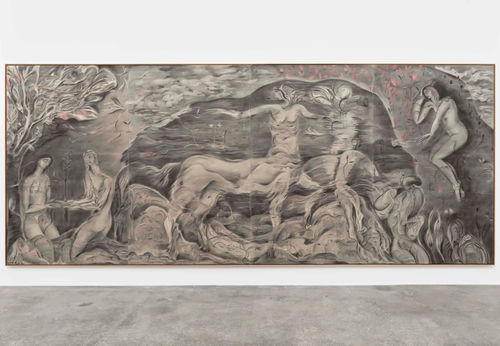 Kinga Bartis, WhileAway, 2023, mixed media on canvas, 96 1/2 x 236 1/4". Installation view. Photo: Anders Sune Berg.