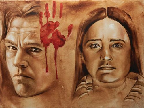 ©Fawn Rogers: Untitled (2024) Oil and blood on canvas. Subject: Leonardo Di Caprio, Lily Gladstone