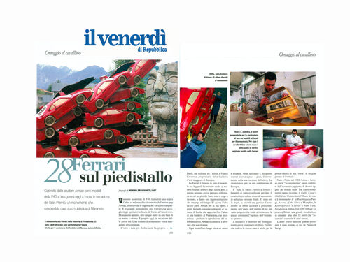 Homage to the Prancing Horse. 28 Ferraris on a pedestal, Built by the sculptor Arman using F40 models, a monument...