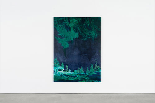 Michael Raedecker, "locus", 2020. Acrylic, laser pigment transfers, dispersions and threads on canvas, 180 x 130.5 cm | 70 7/8 x 51 3/8 in. Photo: Jonathan de Waart