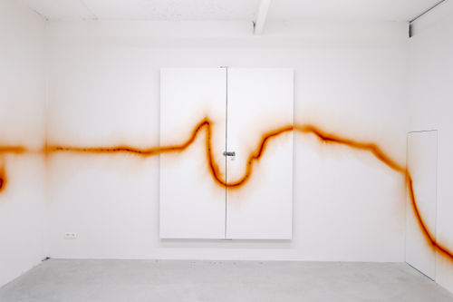 Marcin Dudek,Tablica, 2021, Acrylic paint, image transfer, medical tape, coloured smoke, padlock, uv varnish on wood and aluminum, 220 x 170 x 10 cm, 86 5/8 x 66 7/8 x 4 in. Photo: Damon De Backer