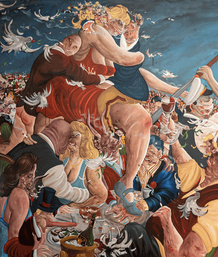 Willehad Eilers, Es wird gegessen was auf den Tisch kommt, 2022, Oil on canvas, 210 x 400 cm, 82 1/2 x 157 1/2 in