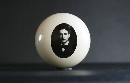 TR Ericsson, Marcel Duchamp (Cue Ball), 2019, Dye sublimation on cast polyester resin w/ 1" black rubber washer, Diameter 5.1 cm, Diameter 2 in Edition of 100