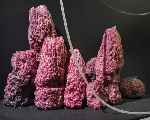 Haseeb Ahmed, Fountain of the Amazons, 2022, Loestrin contraceptive pills; EllaOne emergency contraceptive pills; water; 3D model of Fountain of Amazons based on "The Fountain of Youth” fresco, Château de la Manta, Saluzzo, Italy, 1411-1416 (artist unknown); medical model of vagina for instruction of diaphragm; Helen contraceptive pill package; 1970’s candles from Club 69; plexiglass; wood; and aluminum, 280 x 200 x 70 cm, 110 1/4 x 78 3/4 x 27 1/2 in