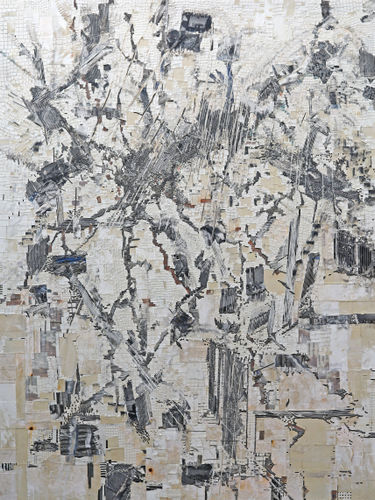 Marcin Dudek, Black Stadium, 2021, Oil paint, acrylic paint, steel dust, image transfer, medical tape, uv varnish on wood and aluminium, 160 x 120 cm, 62 x 47 in.