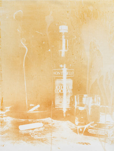 TR Ericsson, A Still Life, 2024, Nicotine, alcoholic cocktail and metallic gold silkscreen ink on canvas, 61 x 45.7 cm - 24 x 18 in