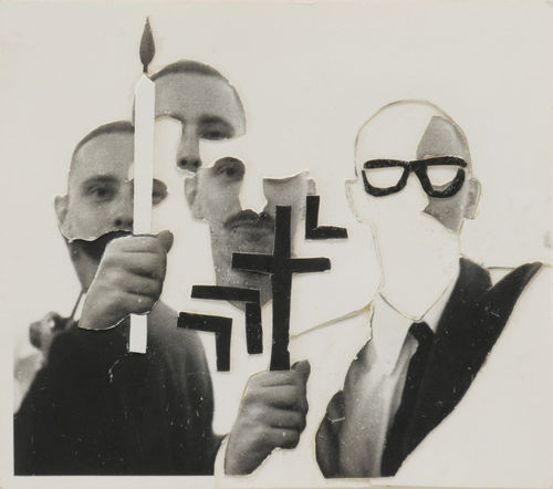 Collage by Jean Conner composed of a photograph of Bruce Conner. Bruce is holding candle and cross and wearing black glasses with white button town and black tie. He is separated into different pieces, making it feel like there are two of conner.
