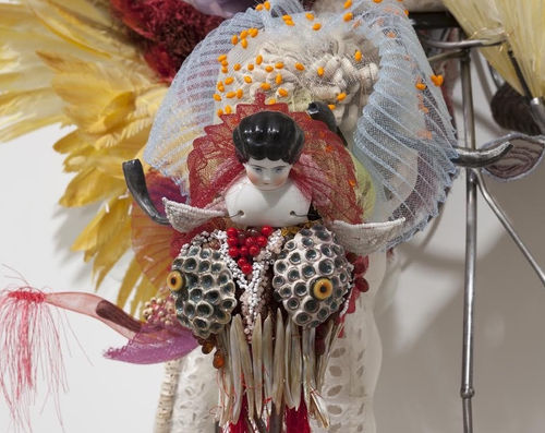Rina Banerjee, "Friendly Fire, " 2015 (detail), steel structure, textiles, beads, feathers, thread, bulbs, 58 x 48 x 32 inches