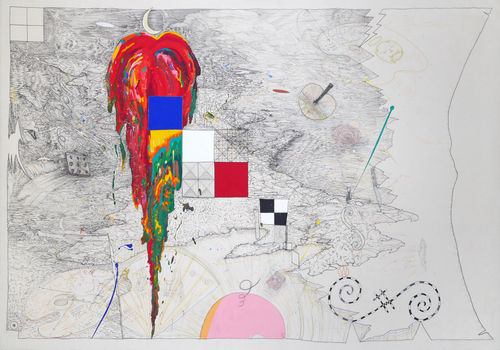 William T. Wiley, Agent Orange, 1983, acrylic, graphite, ink and mixed media on canvas, 91 x 128 inches