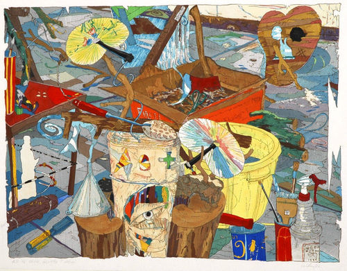 ‘Eerie Grotto? Okini’ is a color block print on rag paper by William T. Wiley from 1982. (di Rosa Center for Contemporary Art)