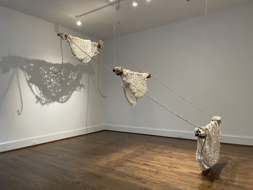 Sheldon Scott, Jacobs Ladder, A Leisurely Stroll to Heaven for Black Folx, 2022, raw cotton, wood, and chain, dimensions variable, Courtesy the Artist and Jenkins Johnson Gallery.