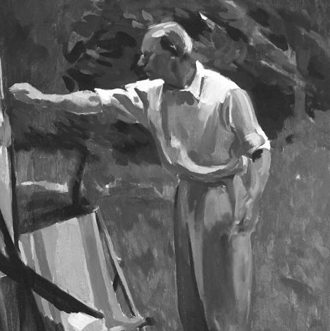 Self-portrait of William John Leech painting in a garden