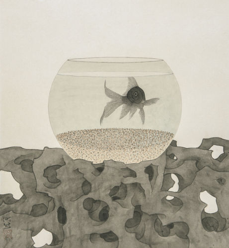 The Fish Being Watched II, ink & Chinese pigments on rice paper, 16.9 x 18.5ins (43 x 47cm), by He Xi