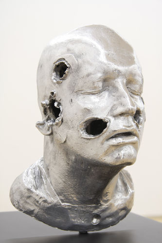 Julian Hoeber, Test Head, 2008, Cast Aluminum, MDF, spray enamel, acrylic mirror, 12” x 7 3/4” x 8 1/2”; 42” x 13 1/4” x 13 1/4” pedastal