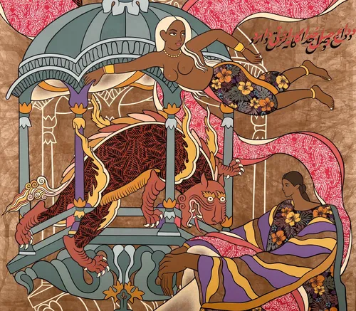 Detail shot: Haya Zaidi b. 1993; A Visitor, 2026; Acrylics, textiles and teawash on canvas; 40 x 32 in.; (101.6 x 81.28 cm)