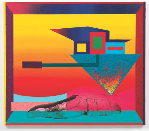 Jamaal PetermanYou Know It's Coming, 2020, oil, vinyl, glitter, and sand on canvas, 70 by 80 inches; at James Fuentes.