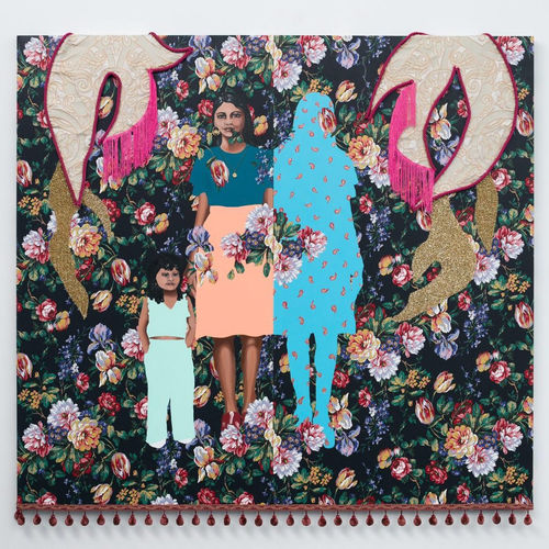 Suchitra Mattai, Herself as Another, 2022. Acrylic, gouache, cord, trim, earrings, and family necklace 66 × 72 in.