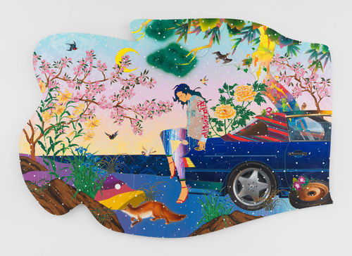 Celia Inside Daddy's Car, 2021 Acrylic and mixed media on canvas 75 x 101 in. Courtesy of the artist and Kavi Gupta, Chicago, IL.