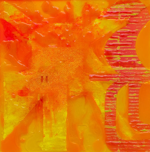 John Koller Crash, 2022 Spray paint, acrylic, glitter, paper towel and resin on panel 12 x 12 in 30.5 x 30.5 cm