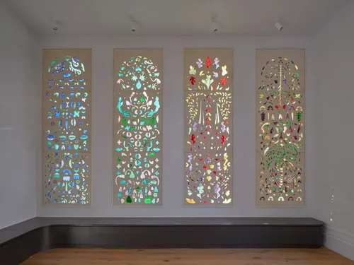 Dima Srouji, ‘Four Moons from Home’, 2026, exterior/interior installation views. Photo: Andy Stagg. Courtesy of Mosaic Rooms and Ab-Anbar Gallery.