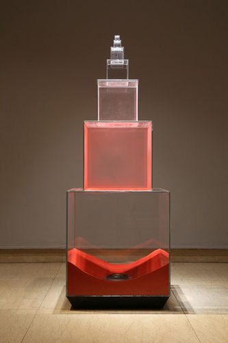 Tang Jie, Dust in Red, Installation, Sand, Glass, Electrical Parts, 161 x 58 x 58 cm, 2015