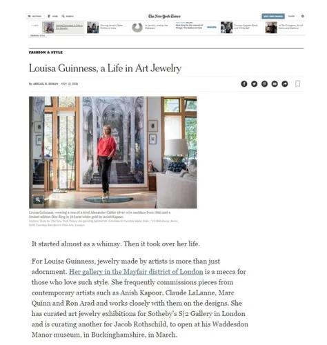 Louisa Guinness, wearing a one-of-a-kind Alexander Calder silver wire necklace from 1940 and a limited-edition Disc Ring in 18-karat white gold by Anish Kapoor. Credit Andrew Testa for The New York Times; the painting behind Ms. Guinness © Candida Höfer, Köln / VG Bild-Kunst, Bonn, 2016. Courtesy Ben Brown Fine Arts, London.
