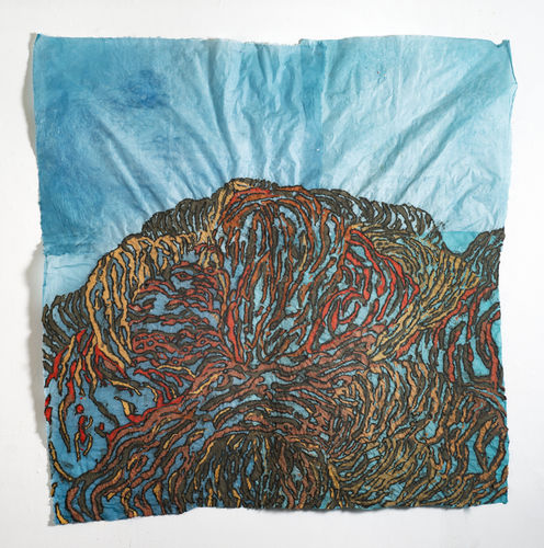 This art is of small lines using warm colors that are interlining with each other. It is up to interpretation on what this art is supposed to resemble, but its thick strokes allows itself to compliment the cool colored background.