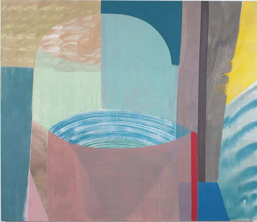 Ky Anderson's "Underwater" acrylic and oil painting on canvas. The abstract painting is in shades of blue, pink, yellow, red, tan and gray. The painting depicts shapes and line patterns dominated in muted bright and cool colors that overlap each other.