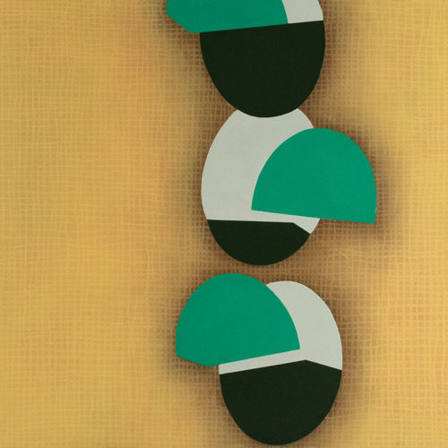 painting of several ovaloid shapes crossing the center of the canvas vertically. the shapes are black, white, and green, and the background is a low contrast grid of yellow.