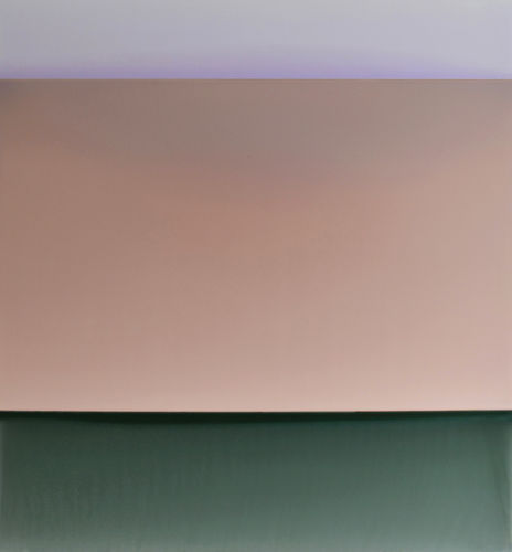 Susan English: Stage, 2017. This piece has three horizontal fields of color - periwinkle, dusty rose, then forest green.
