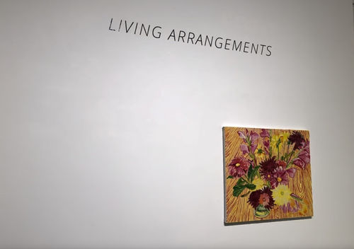 Colorful floral art painting on gallery wall for Living Arrangements exhibition.