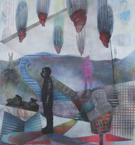 Peterson Kamwathi Untitled, 2020 Mixed media on paper 45 x 41 1/2 in. 114 x 106 cm.
