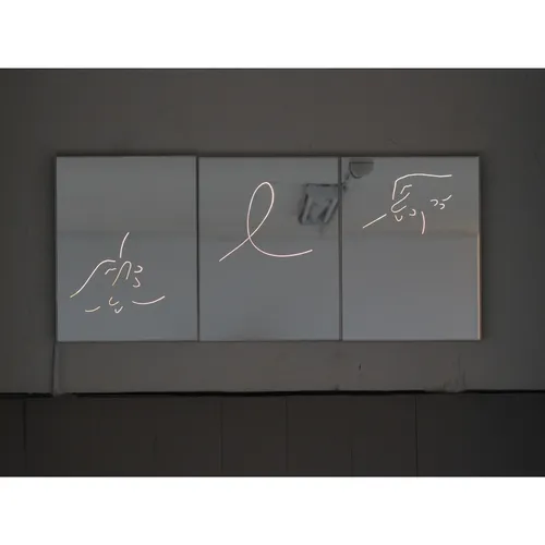 Tom Blake, 'if the leaves are still there (holding on to a letter), 2020, de-silvered mirrors, paint, aluminium, LED lights, Tasmanian Oak, triptych: each panel 40 × 30 cm