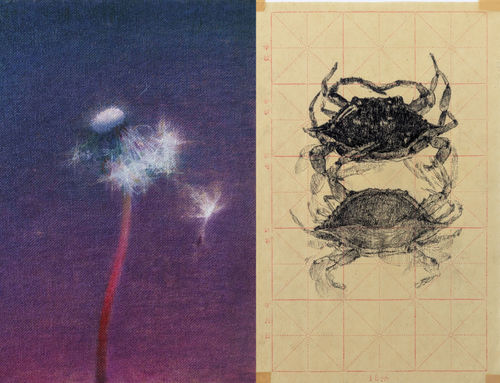 James Lee Chiahan, Dang, 2026, huile sur lin, 5 x 7" / Bryan Beyung, Crabes